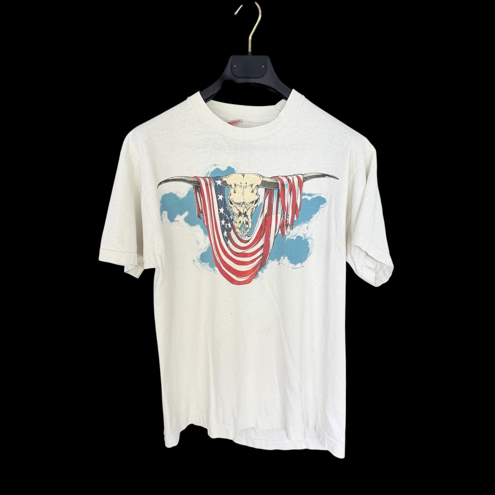 Vintage 90s Steer Skull American‎ Flag T-Shirt Large Distressed USA